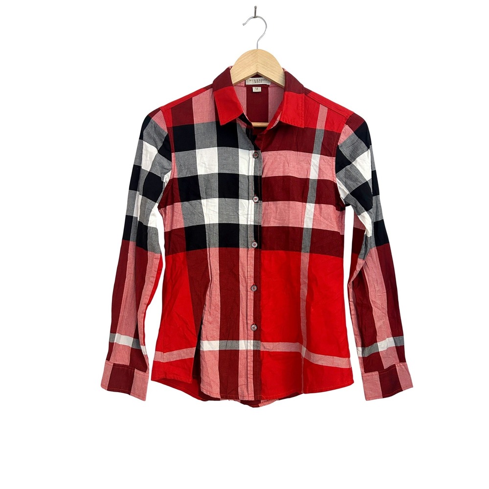 Burberry Brit Womens Red Oversized Check Cotton Button Down Shirt Size M